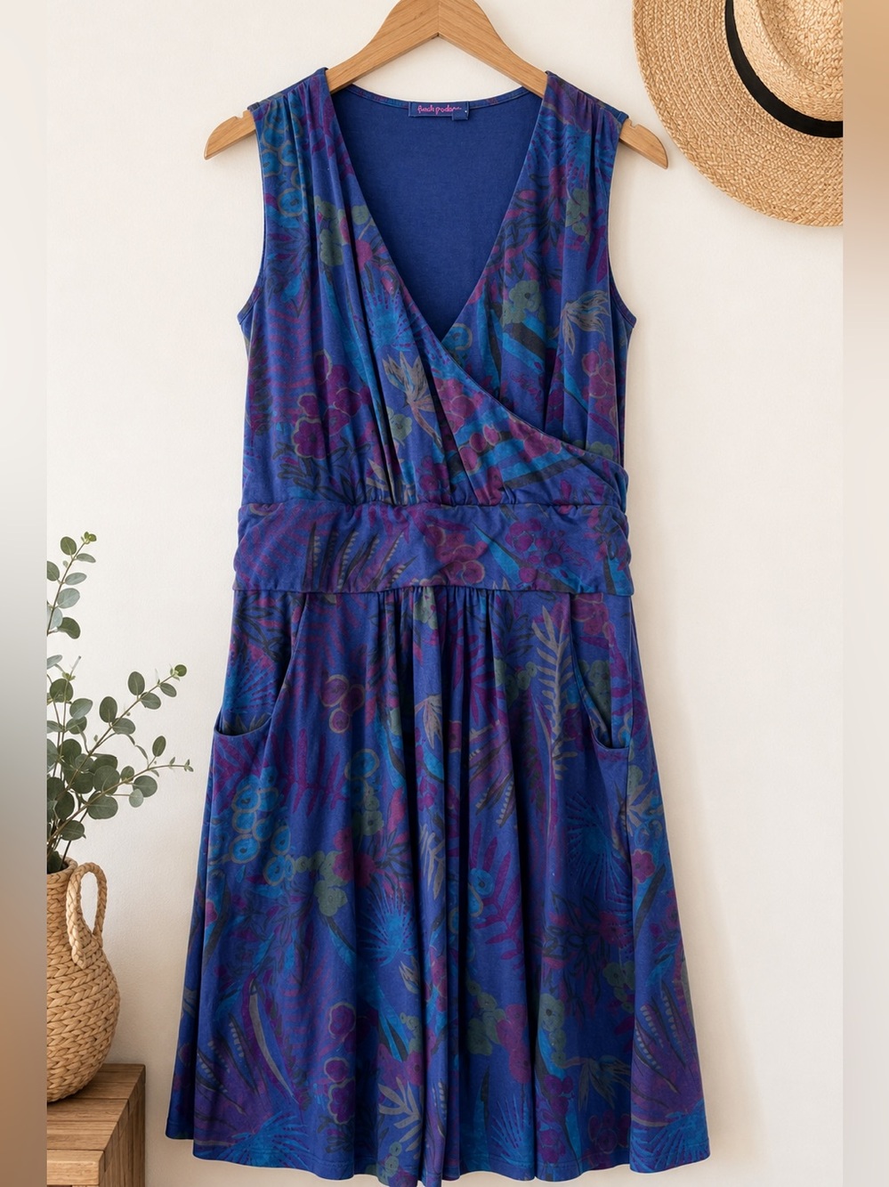 Fresh Produce Tropical Floral Sun Dress M  Sleeveless Pockets USA Resortwear